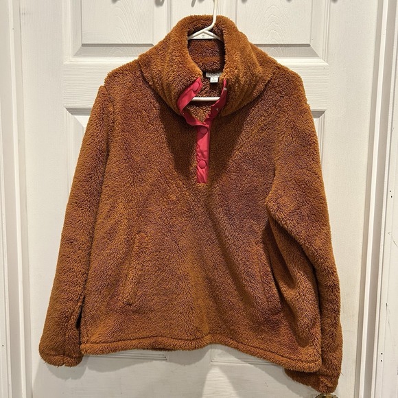 J.Crew Jackets & Blazers - J.Crew Womens Brown Teddy Sherpa Fleece Snap Neck Pullover Jacket Size L Outdoor